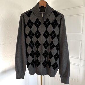 Cozy Men's Gray Black Felt Argyle Zip Up Long Sleeves Cardigan‎ Sweater Size M